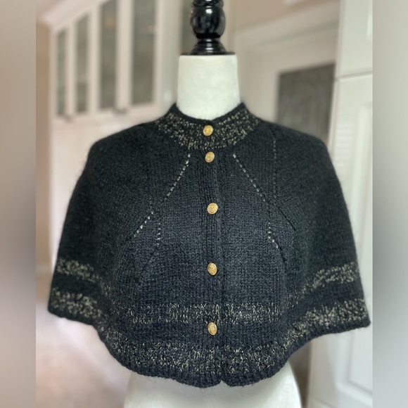 Hand Crafted Sweaters - Hand Knitted Black Capelet with Golden Threads - OS